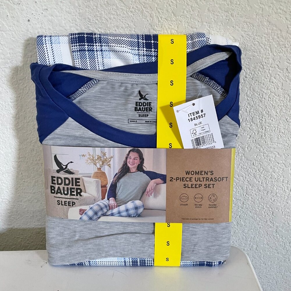 NEW Eddie Bauer Womens 2 Pc Ultrasoft Pajama Top Jogger Pants Navy Plaid S NWT